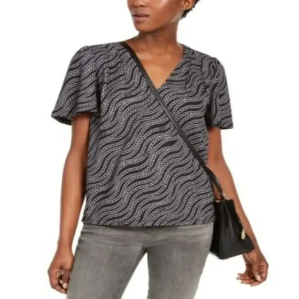 Michael Kors Chain Print Top Women Size PXL Black Silver Short Sleeve NEW